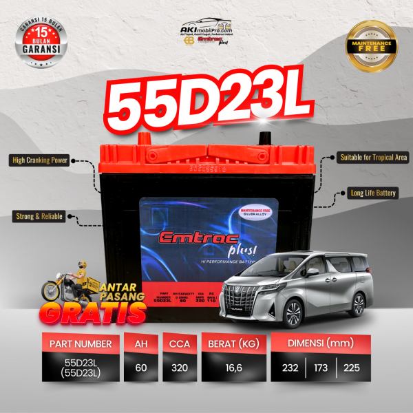 Aki Kering Emtrac 55D23L Upgrade 60Ah Murah untuk Innova Camry X-Trail