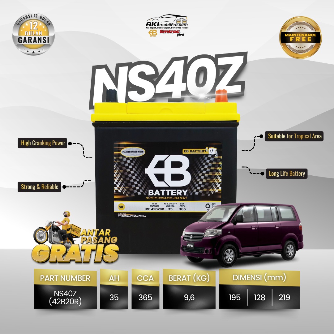 Aki Kering EB Battery MF NS40Z (42B20R). Cocok untuk Avanza Xenia Gran Max