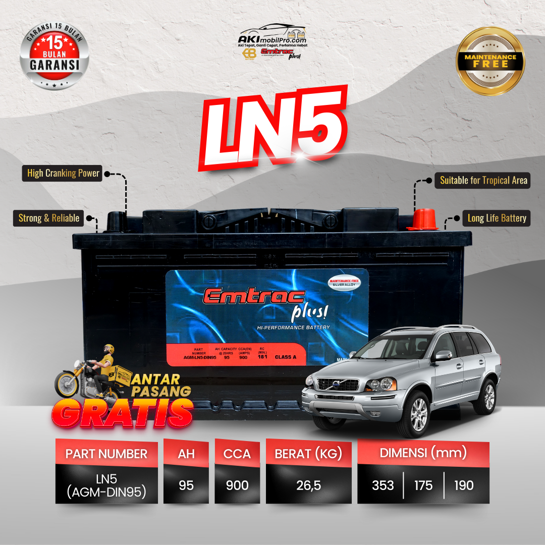 Aki AGM Emtrac DIN100 LN5 100Ah Murah untuk BMW X5 Mercedes S500 Porsche Audi
