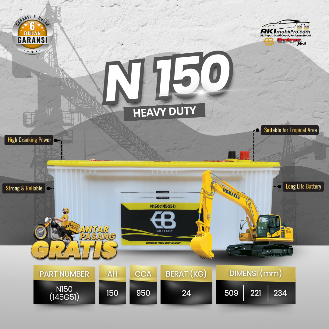 Aki Basah N150 150Ah 145G51 Murah untuk Truk Bus Genset Alat Berat Kapal Laut