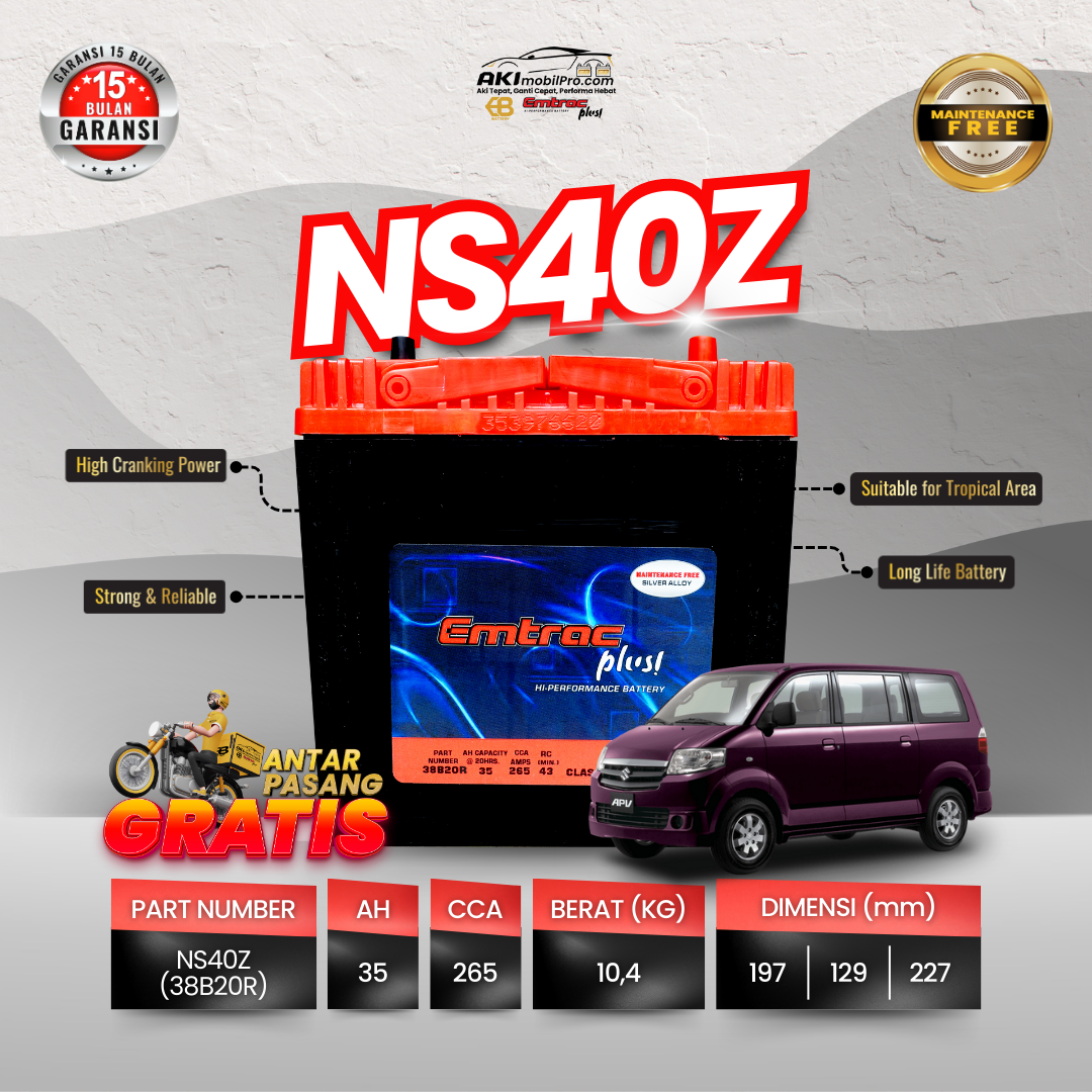 Aki Mobil Emtrac Plus NS40Z (35Ah) Maintenance Free - Aki Kering Silver Alloy untuk Avanza, Xenia, Carry - Aki Mobil Pro