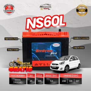 Aki Kering Emtrac NS60L Silver Alloy untuk Nissan Grand Livina Honda City Toyota Corolla Altis