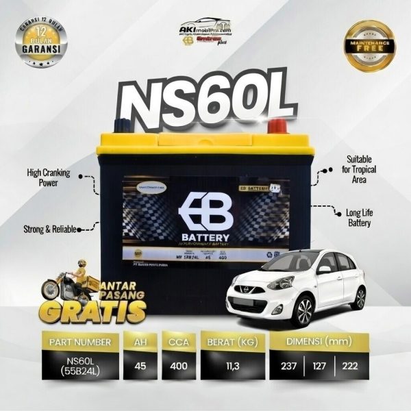 Aki Kering EB Battery MF NS60L 45Ah Murah untuk Nissan Grand Livina Toyota Yaris Vios