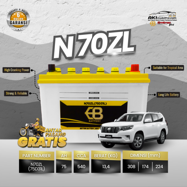 Aki Basah EB N70ZL 75D31L Murah untuk Mitsubishi Pajero Sport Land Cruiser