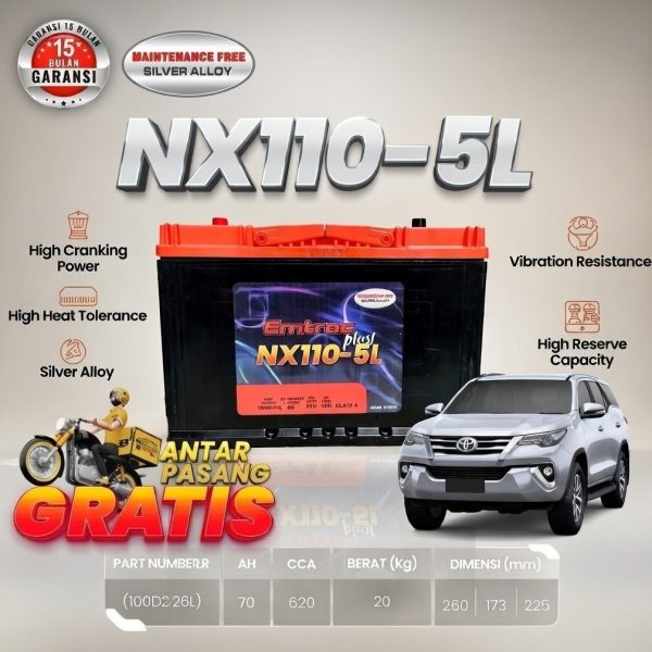 Aki Kering Emtrac NX110-5L 100D26L Murah untuk Pajero Sport Dakar Innova Diesel Fortuner