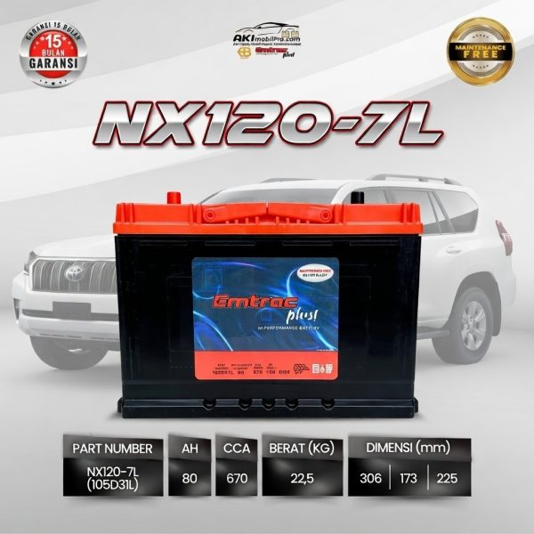 Aki Kering Emtrac NX120-7L 105D31L Berat 22,5kg Murah untuk Pajero Sport Land Cruiser Strada