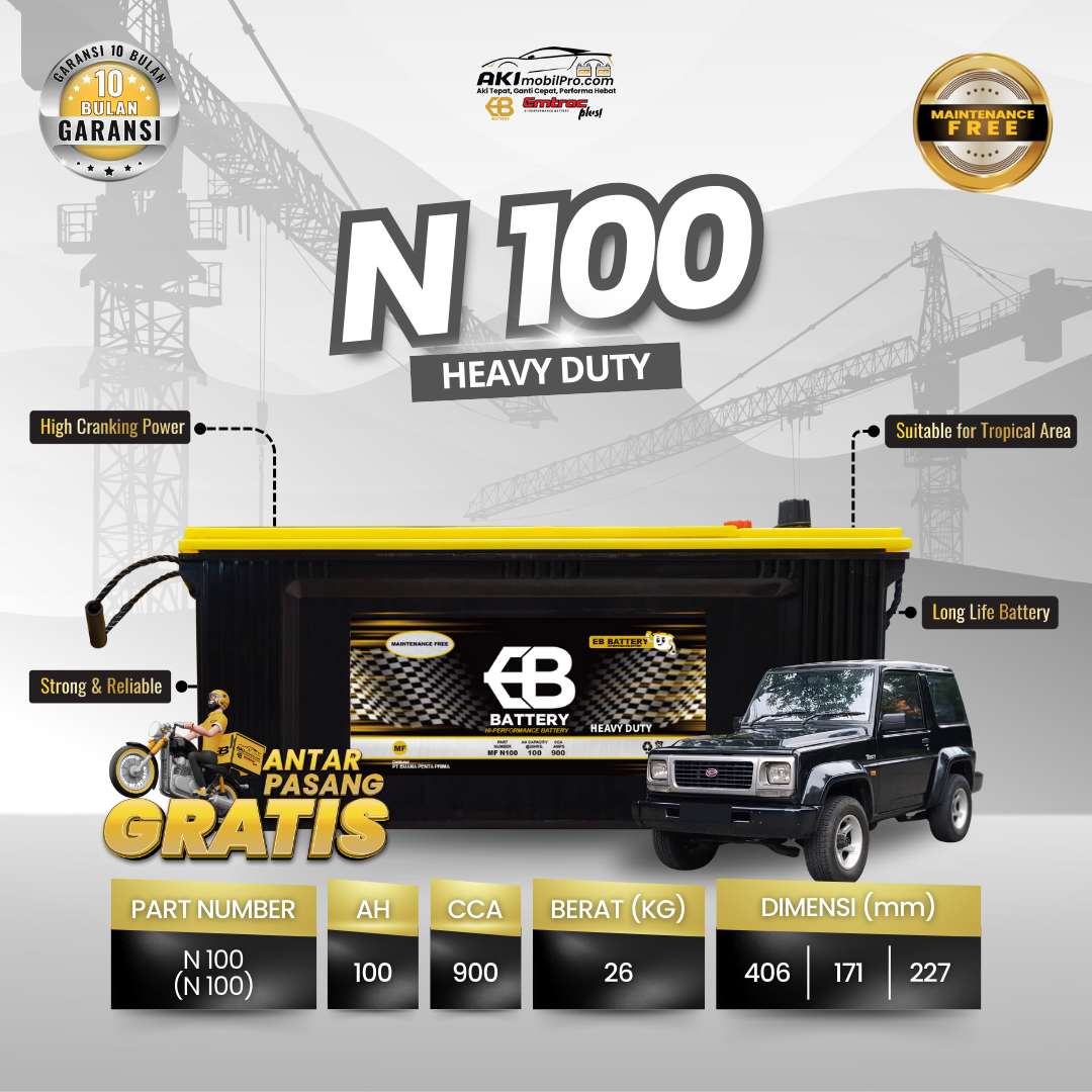 Aki Kering MF N100 95E41R 100Ah Murah untuk Genset Alat Berat Komatsu Taft GT Hardtop